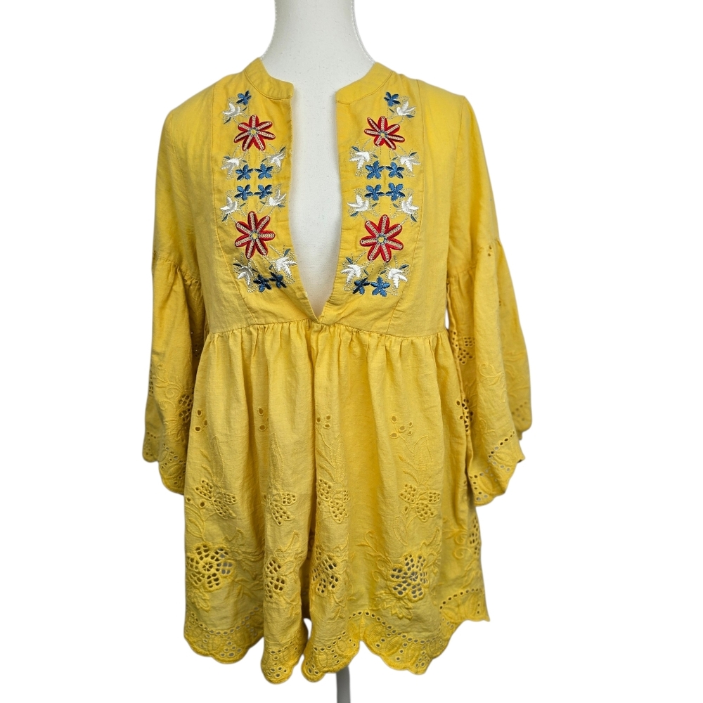 Yellow Embroidered Eyelet Babydoll Blouse Belle Sleeve V-Neck Cottagecore Casual